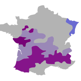 Expansion of Protestantism in France during the 16th century. Purple: Huguenot-controlled domains; purple-lavender: territories contested by Huguenot and Catholic factions; blue-lavender: domains with a large Lutheran population, then in the Holy Roman Empire of the German Nation.