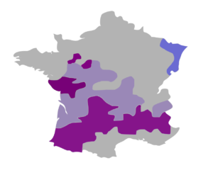 Expansion of Protestantism in France during the 16th century. Purple: Huguenot-controlled domains; purple-lavender: territories contested by Huguenot and Catholic factions; blue-lavender: domains with a large Lutheran population, then in the Holy Roman Empire of the German Nation.